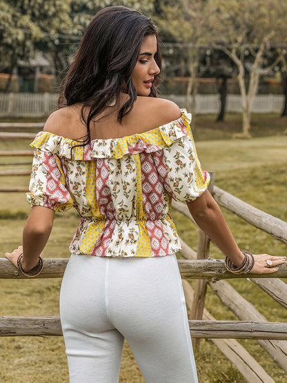 Ruffled Print Off-Shoulder Short Sleeve Blouse