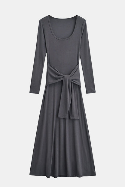 Tied Scoop Neck Long Sleeve Maxi Dress