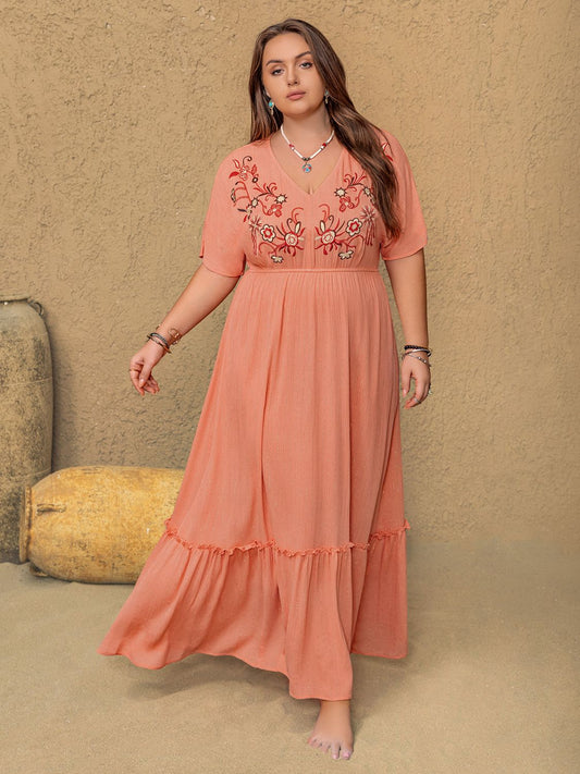 Plus Frill Embroidered V-Neck Half Sleeve Maxi Dress