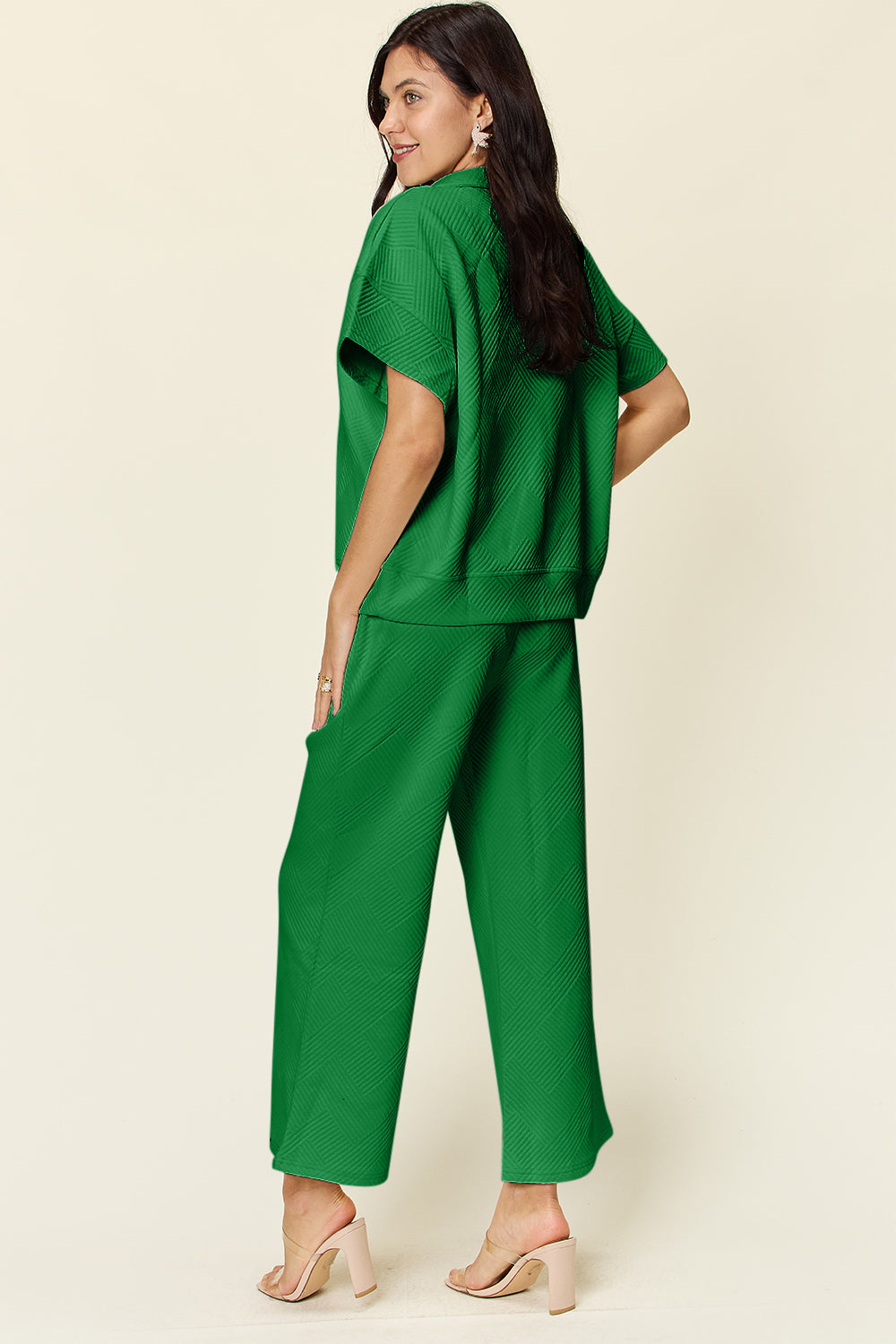 Textured Half Zip Short Sleeve Top and Pants Set