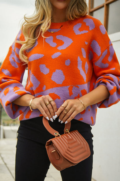 Leopard Round Neck Dropped Shoulder Sweater