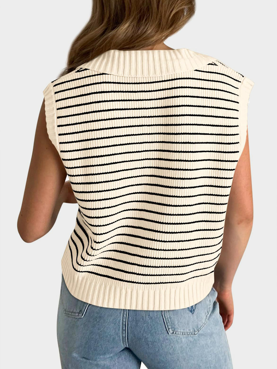 Collared Neck Striped Sweater Vest