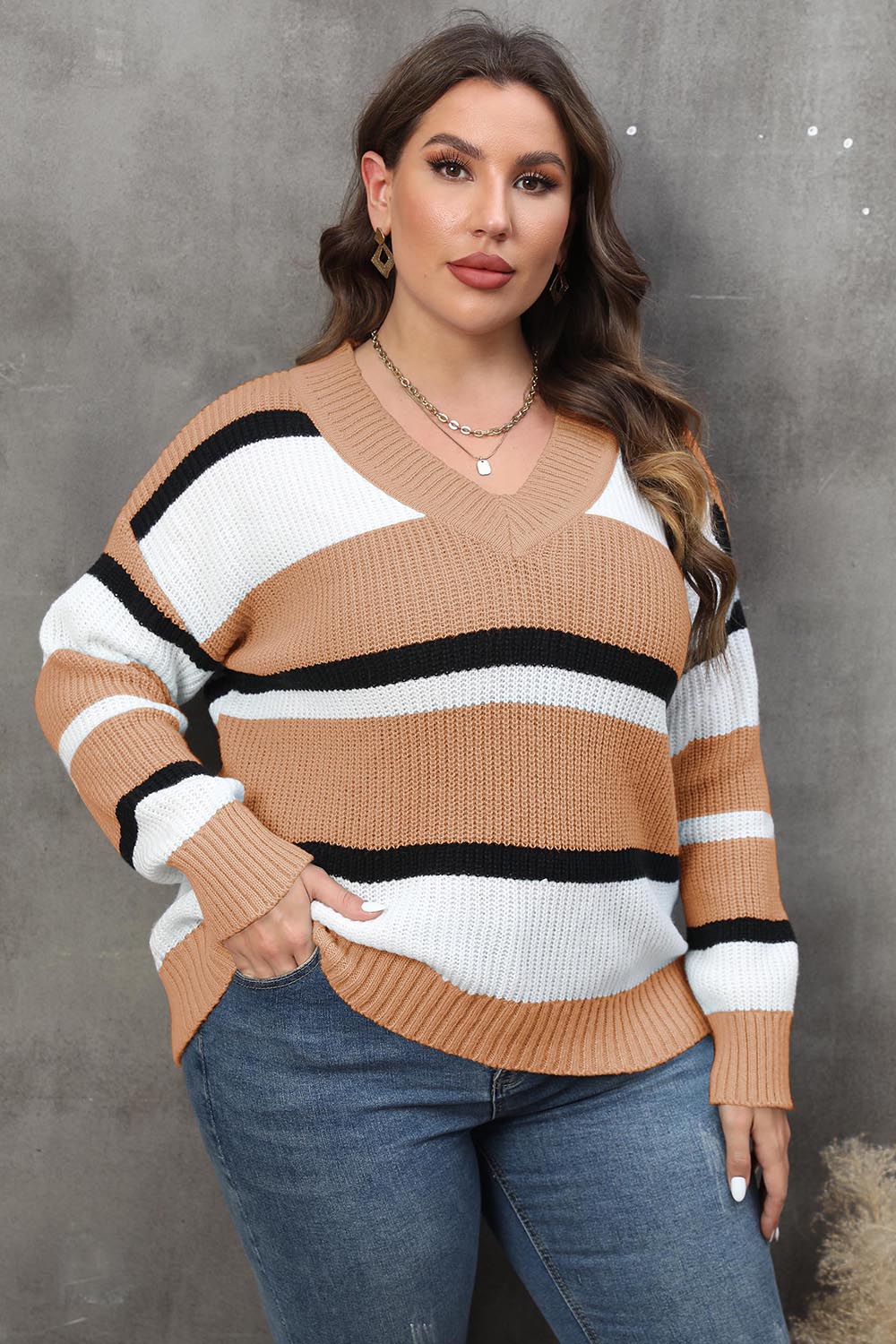 Plus Striped V-Neck Dropped Shoulder Sweater