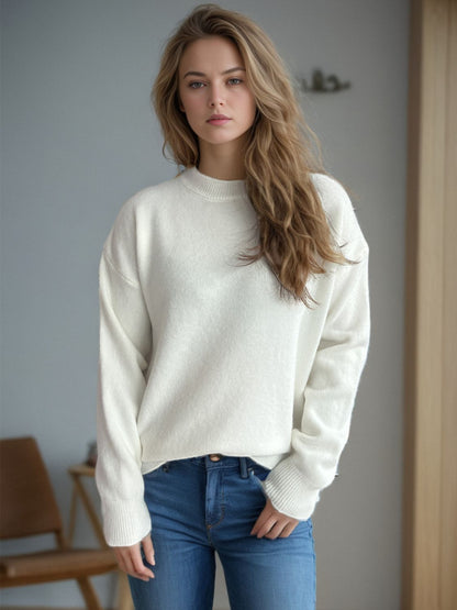 Round Neck Drop Shoulder Long Sleeve Sweater