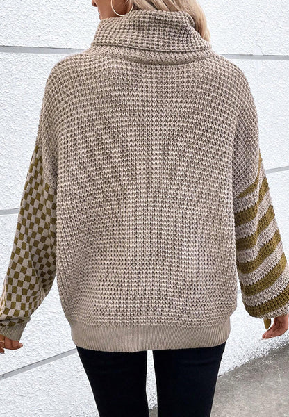 Striped & Checkered Turtleneck Dropped Shoulder Sweater