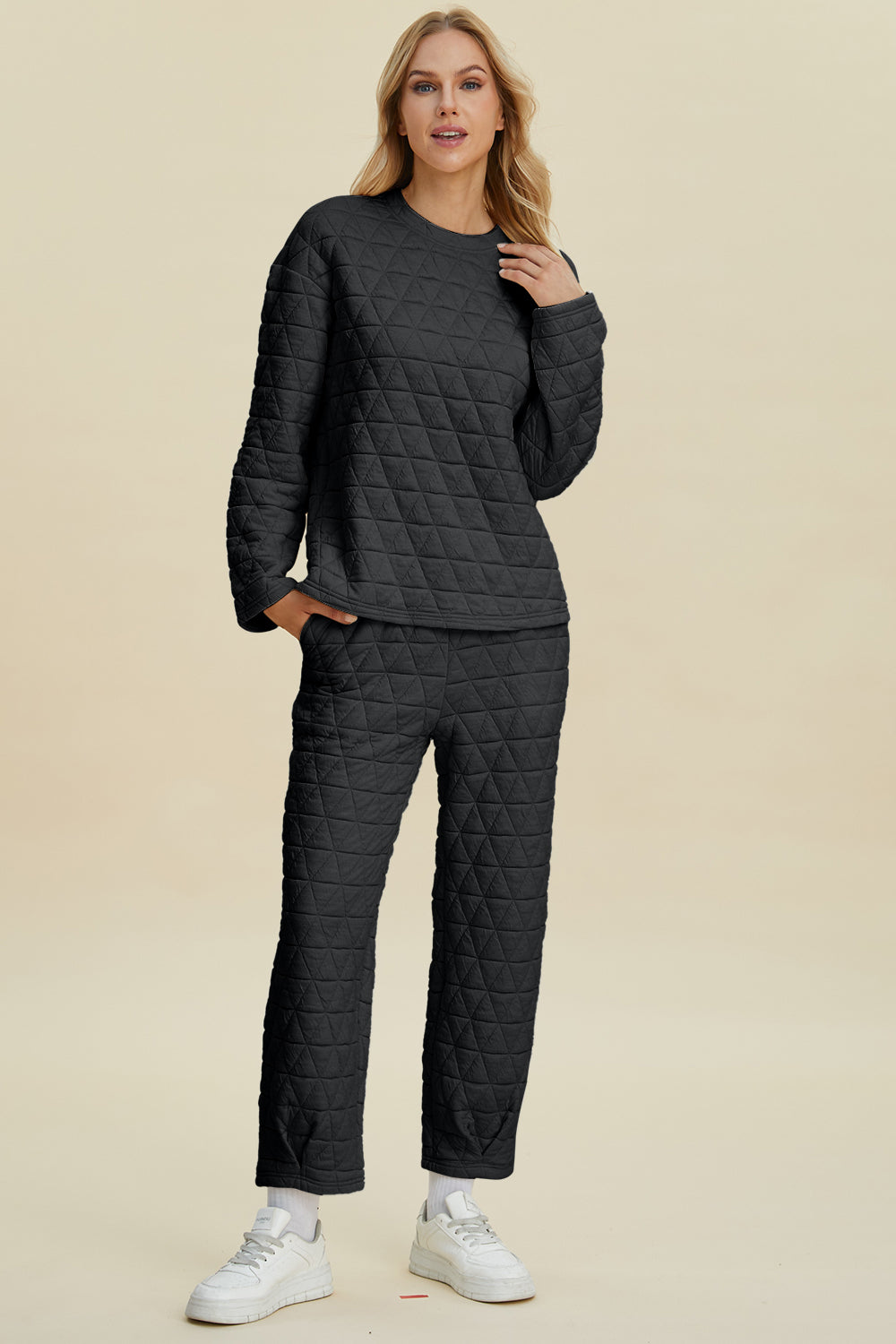 Textured Round Neck Long Sleeve Top and Pants Set