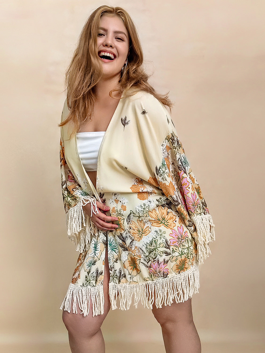 Plus Fringe Printed Open Front Cardigan