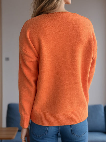 V-Neck Dropped Shoulder Long Sleeve Sweater