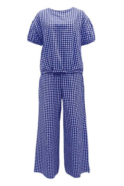 Plaid Round Neck Half Sleeve Top and Pants Set