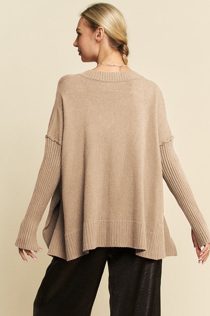 Ribbed Side Slit V-Neck Sweater