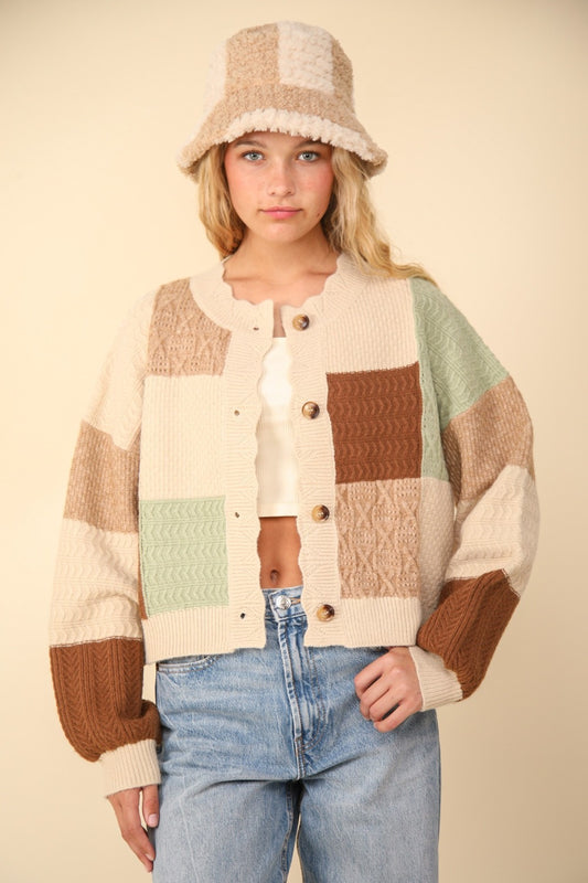 Color Block Button Down Textured Sweater Cardigan