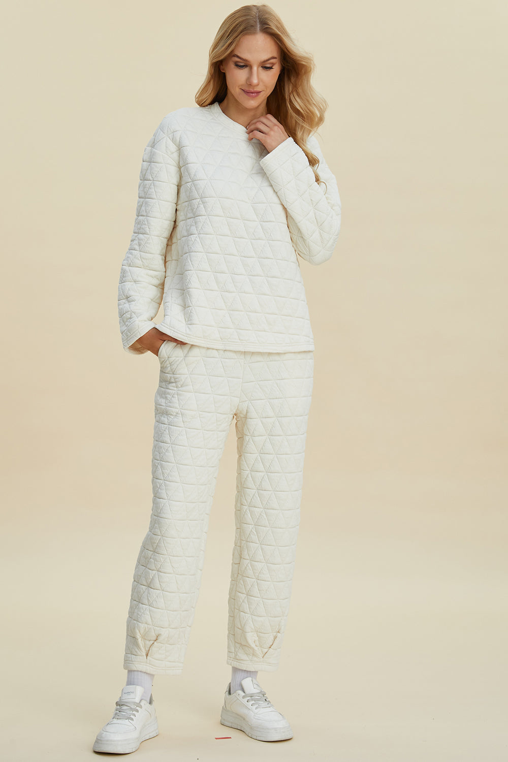 Textured Round Neck Long Sleeve Top and Pants Set