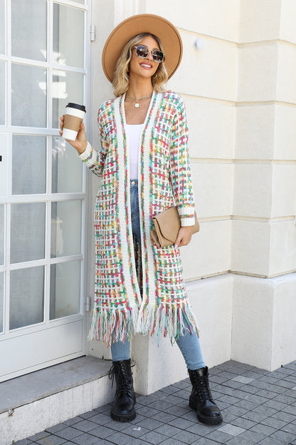 Multicolor Open Front Fringe Hem Cardigan