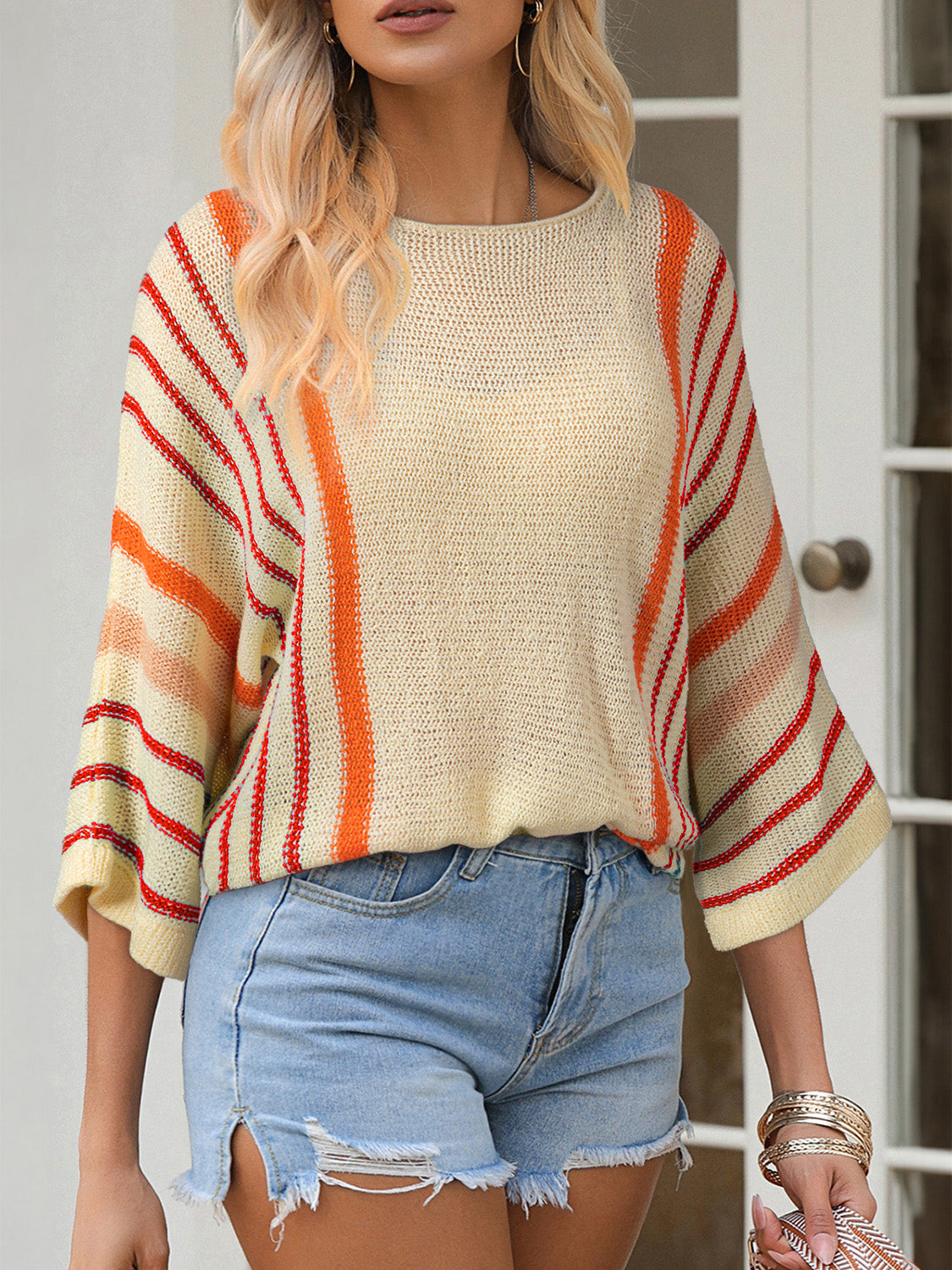 Striped Boat Neck Three-Quarter Sleeve Knit Top