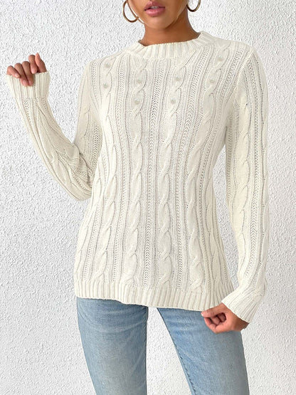 Cable-Knit Round Neck Long Sleeve Sweater