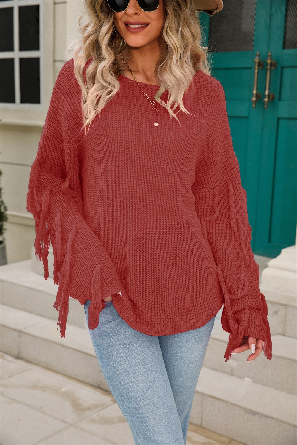 Fringe Round Neck Dropped Shoulder Sweater