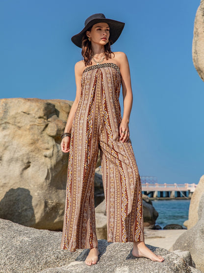 Tied Print Tube Wide Leg Jumpsuit