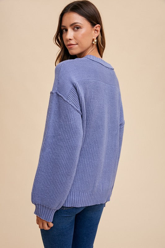 Half Button Ribbed Hem Sweater