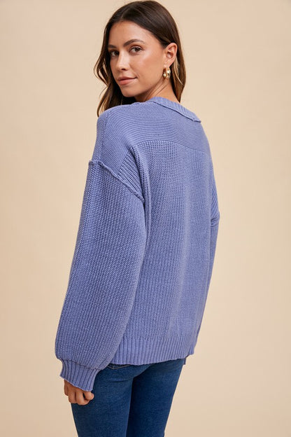 Half Button Ribbed Hem Sweater