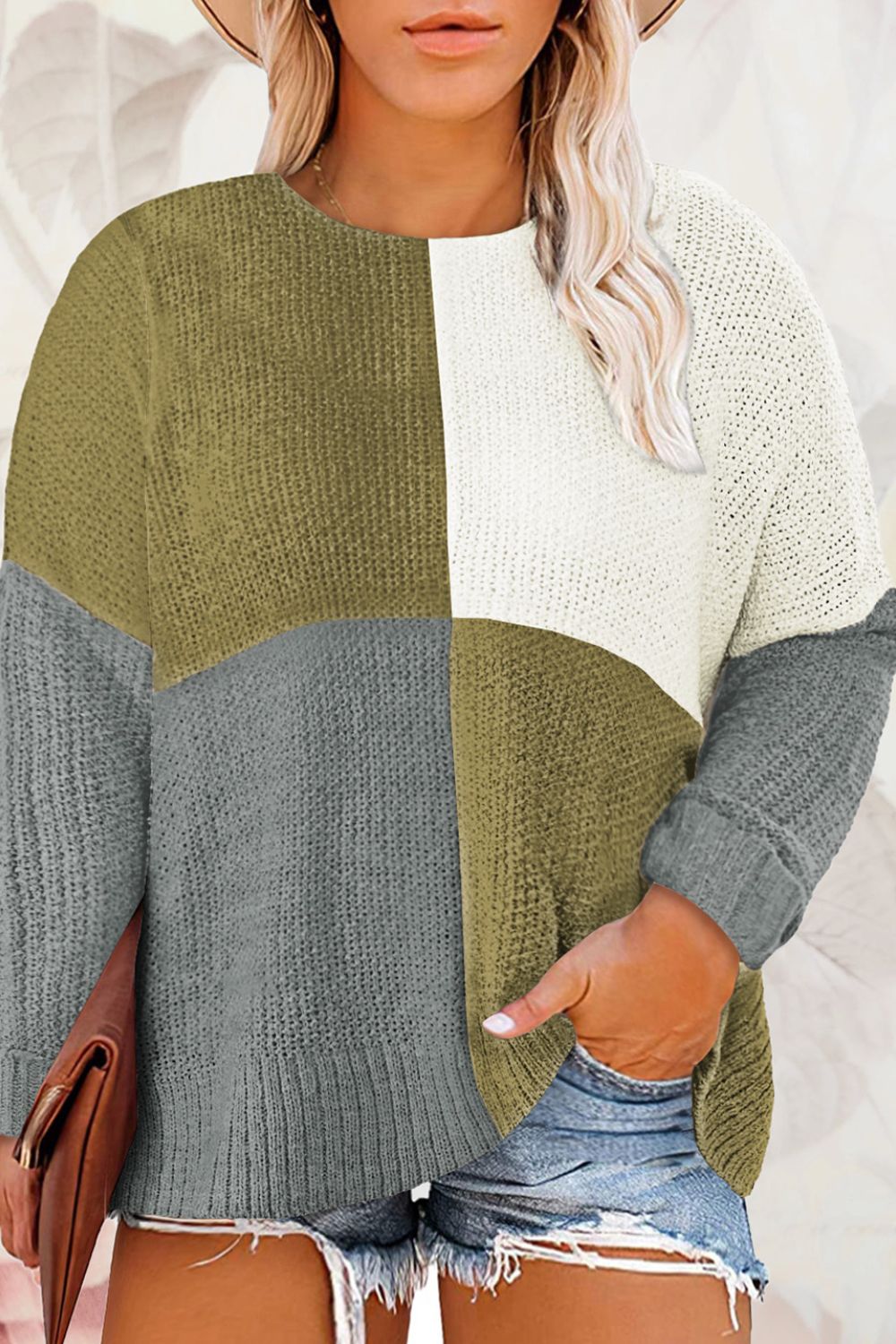 Plus Color Block Round Neck Sweater