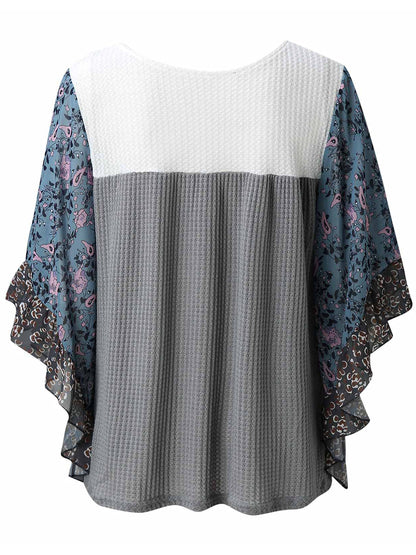 Print Round Neck Three-Quarter Sleeve Blouse