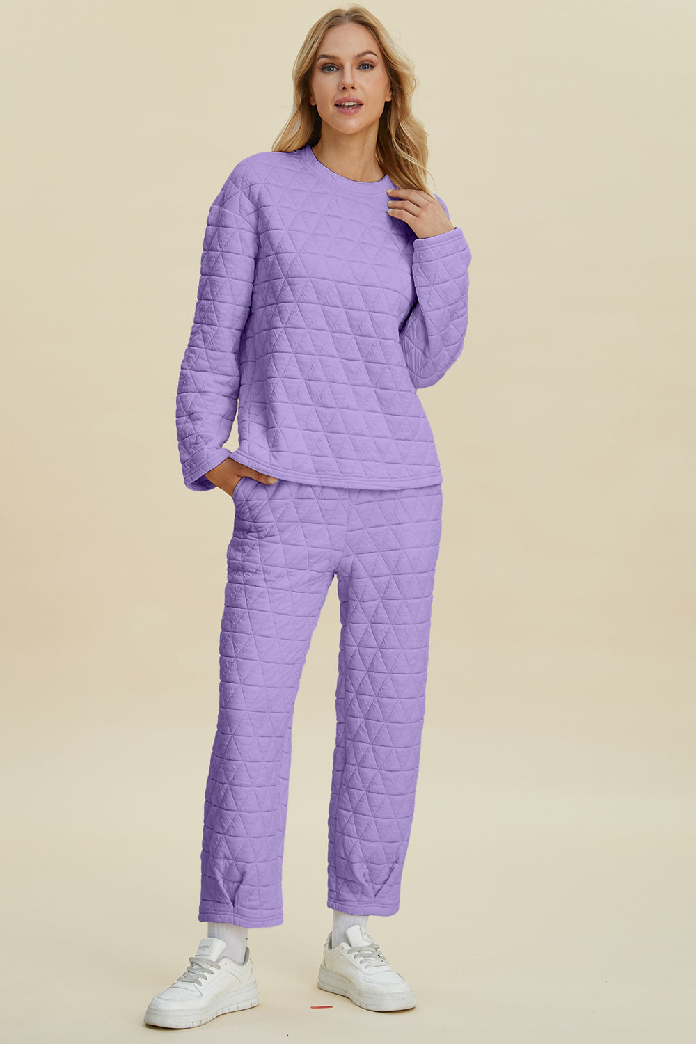 Textured Round Neck Long Sleeve Top and Pants Set