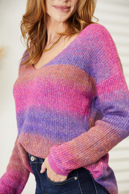 Multicolor Rib-Knit V-Neck Knit Pullover