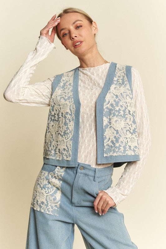 Lace Patch Open Front Denim Vest