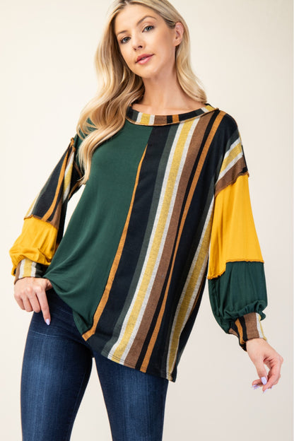 Striped Color Block Long Sleeve Tops