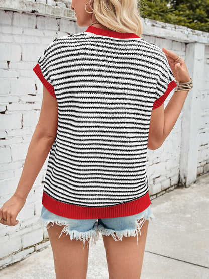 Striped Round Neck Cap Sleeve Sweater