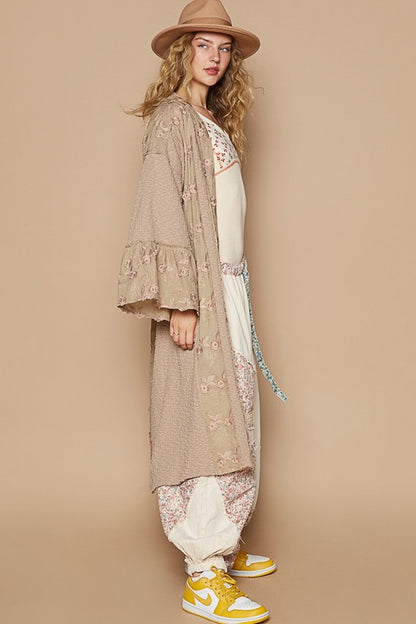 Flower Lace Trim Open Front Longline Cardigan