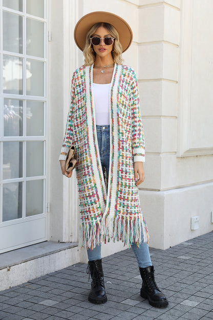 Multicolor Open Front Fringe Hem Cardigan