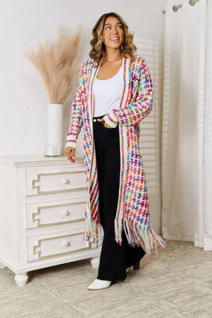 Multicolor Open Front Fringe Hem Cardigan