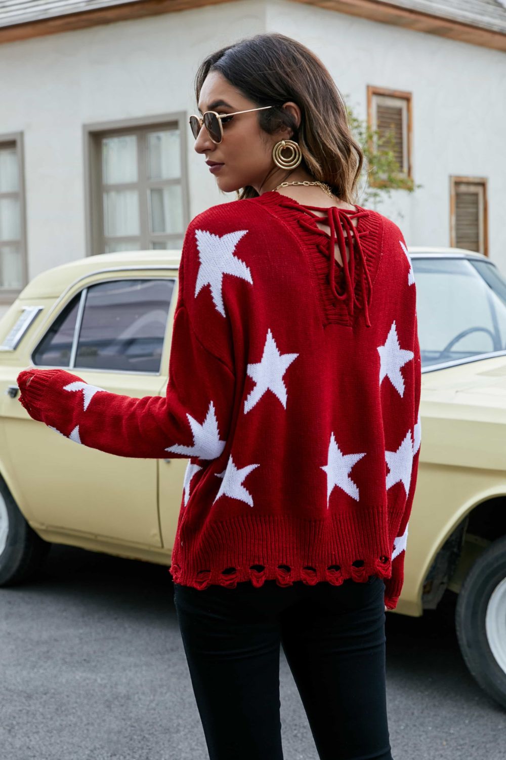 Star  Lace-Up Drop Shoulder Sweater