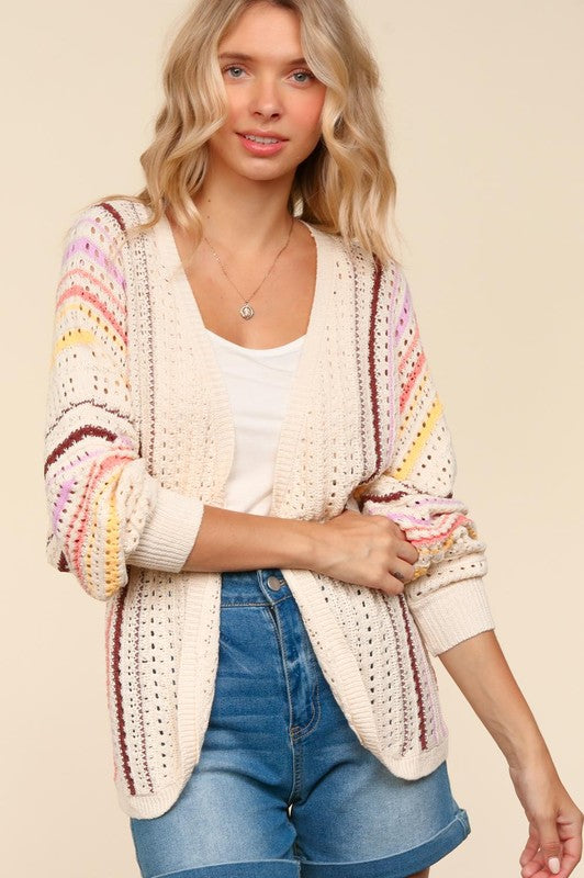 Striped Crochet Open Front Cardigan