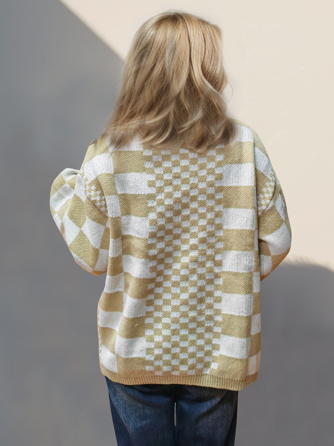 Checkered Open Front Dropped Shoulder Cardigan