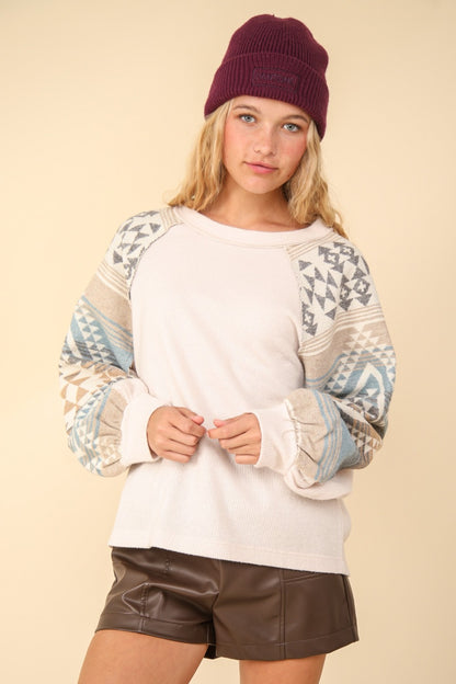 Print Long Sleeve Round Neck Knit Top