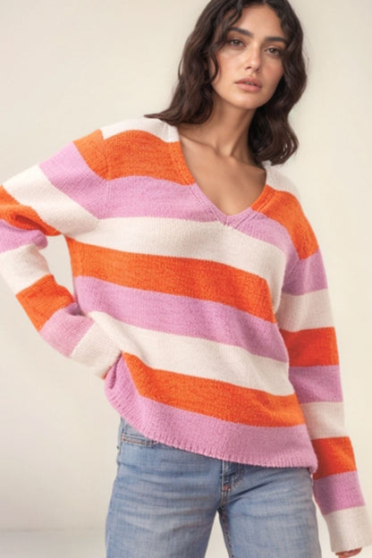 Color Block V-Neck Long Sleeve Sweater