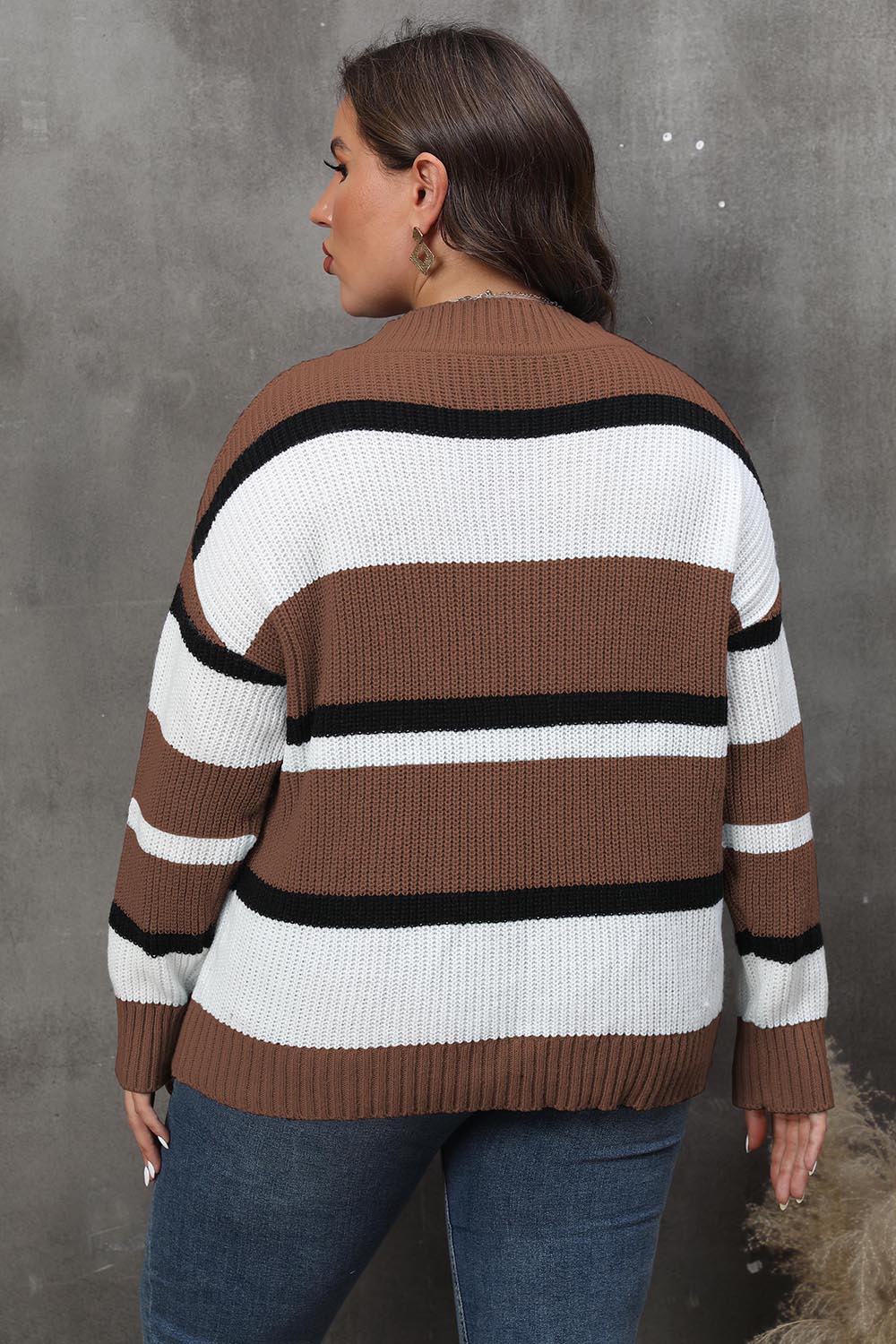 Plus Striped V-Neck Dropped Shoulder Sweater