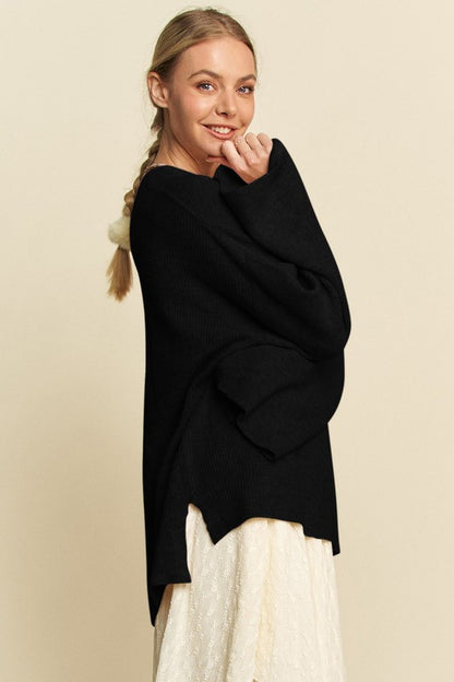 High-Low Round Neck Drop Shoulder Sweater