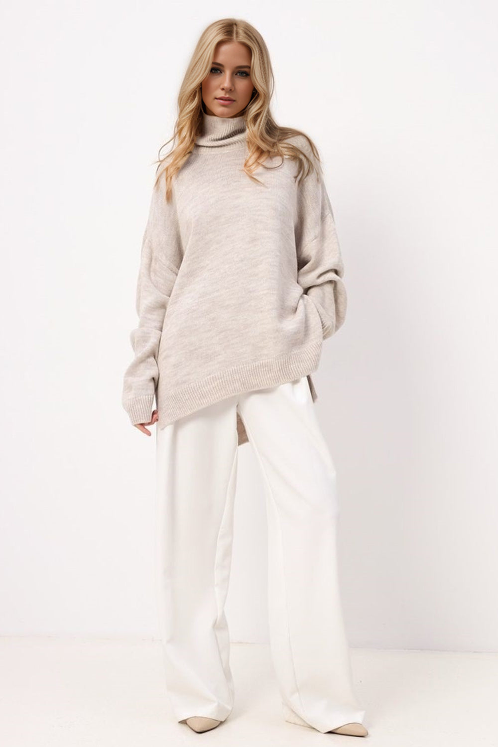 Side Slit Turtleneck Long Sleeve Sweater