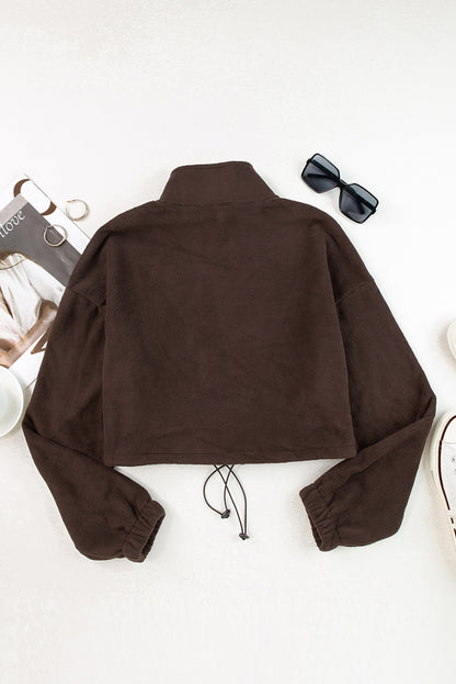 Drawstring Zip Up Dropped Shoulder Sweater