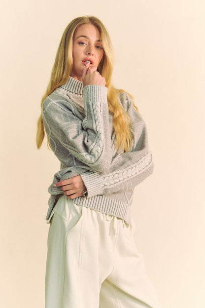 Cable-Knit Turtleneck Dropped Shoulder Sweater