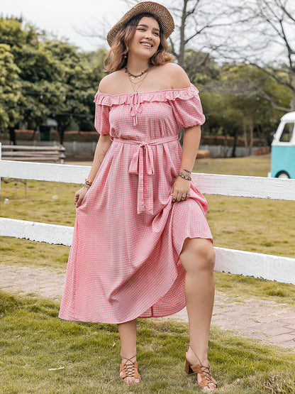 Plus Plaid Off-Shoulder Short Sleeve Midi Dress