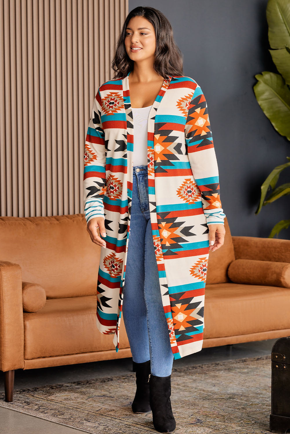 Plus Geometric Open Front Longline Cardigan