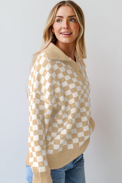 Checkered Collared Neck Long Sleeve Sweater