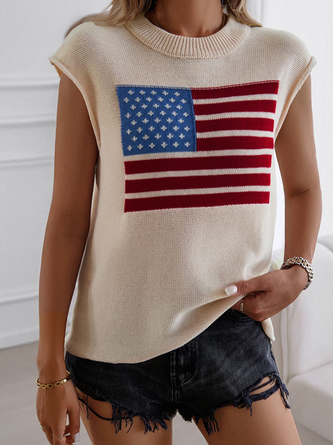 US Flag Round Neck Sweater Vest