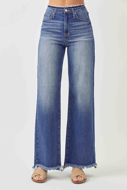 High Waist Raw Hem Wide Leg Jeans