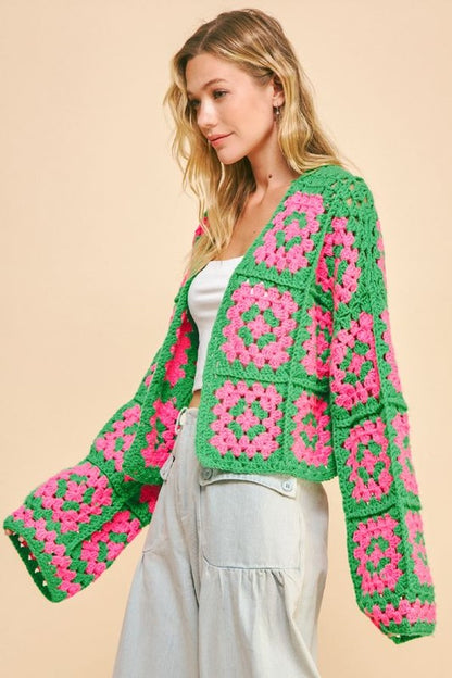 Two Tone Flower Square Crochet Open Front Cardigan