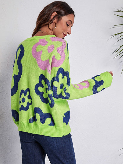 Flower  Round Neck Long Sleeve Sweater